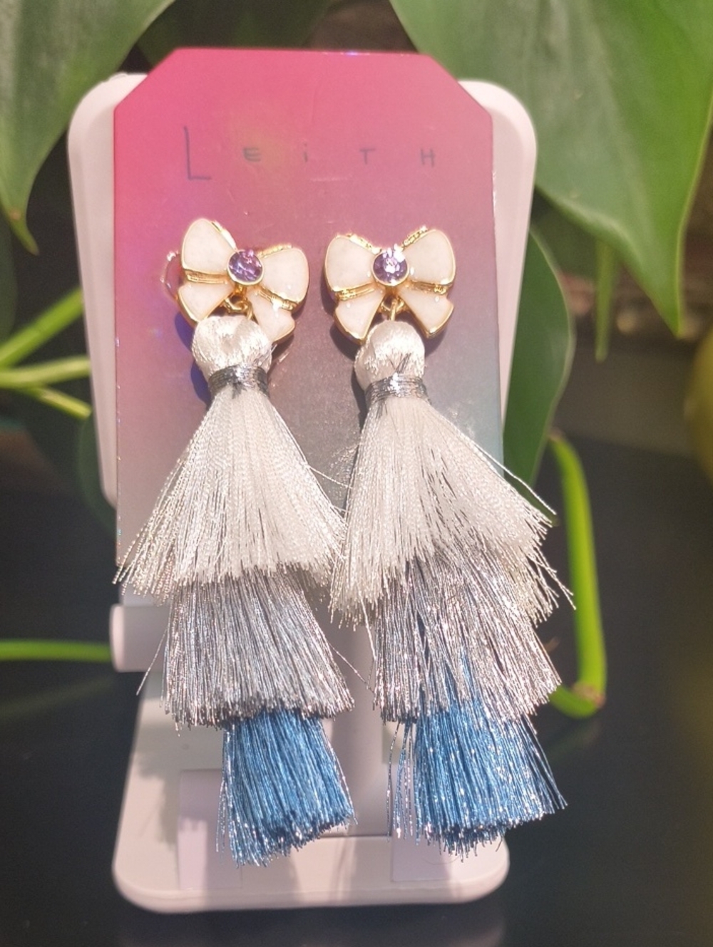 Leith White and Blue Tiered Tassel Bow Earrings NWT